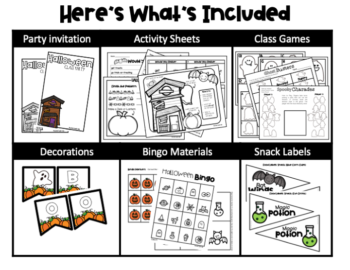 Easy Halloween classroom ideas featuring printable party games, bingo, decorations, and activities.